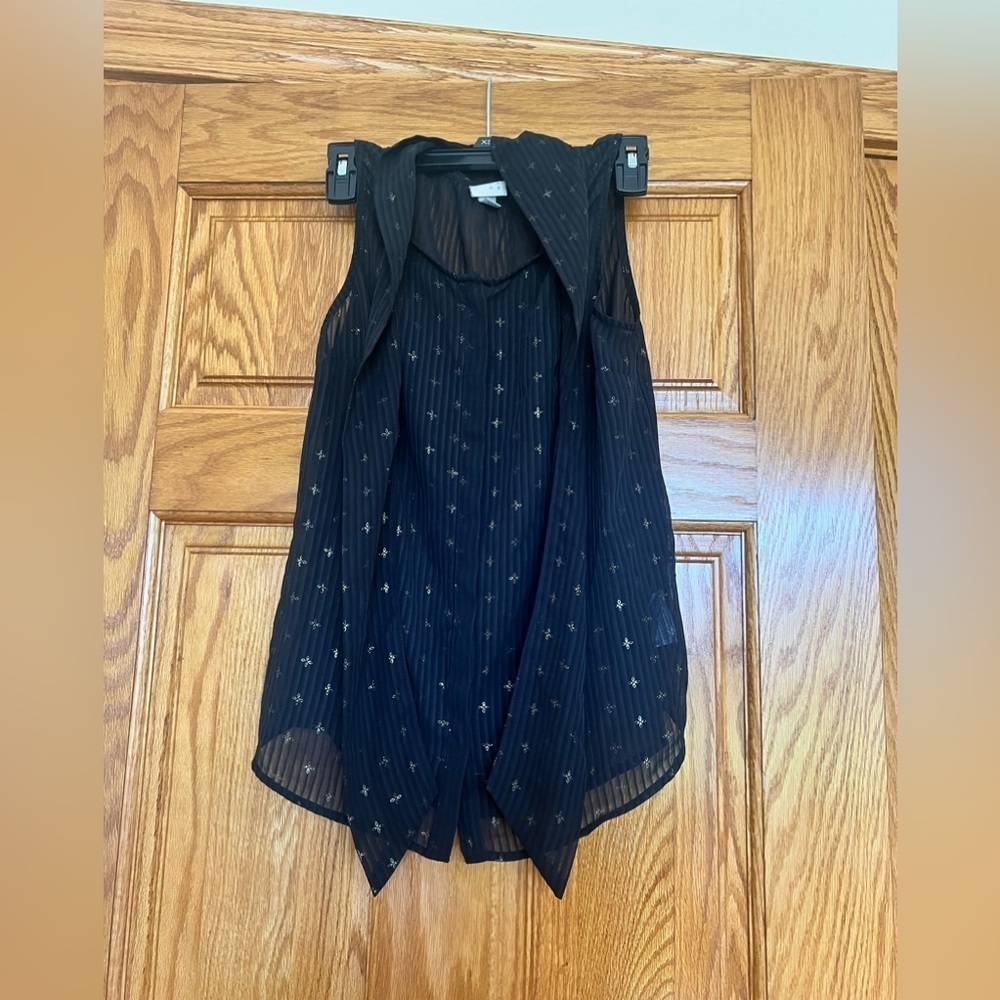 A New Day - Black Tie Neck Gold Foil Print Sleeveless Blouse